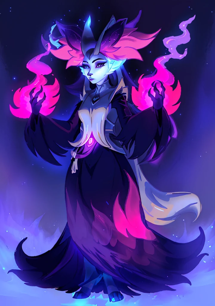 A closeup of a cartoon character with long hair, dark fox wizard, pira, Aura of darkness, painted in the arcane style, arcane art style, just kidding, full portrait of elementalist, /!\ the sorceress, Glowing black aura, dark sorceress full view, evil aura, sorceress, britney lee