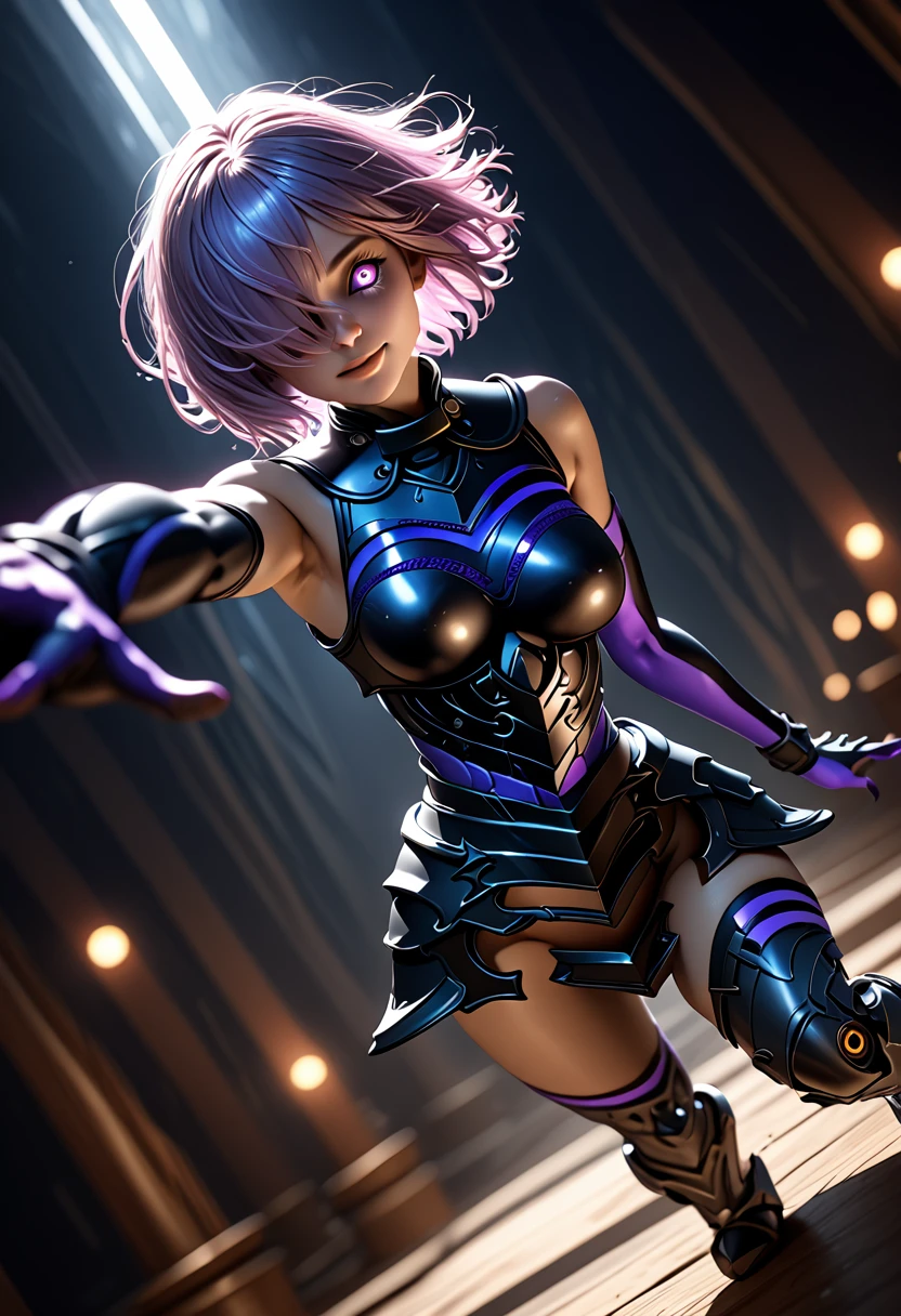 (masterpiece, top quality, best quality, beautiful and aesthetic:1.2), full body, extremely detailed, detailed face and eyes, cinematic light, depth of field, 1girl, seducing smile, solo, official, dark armor, mash kyrielight, light purple hair, short hair, hair over one eye, slim body, cinematic lighting, dramatic lighting, dramatic atmosphere, hyper-realistic, high resolution, stunning contrast, high quality, best quality, 8k, 4k, intricately detailed, (amazing details:1.2), highly detailed skin, powerful presence, vibrant colors, (detailed eyes:1.2), striking eyes, (detailed background), (dynamic angle:1.2), (dynamic pose:1.2)