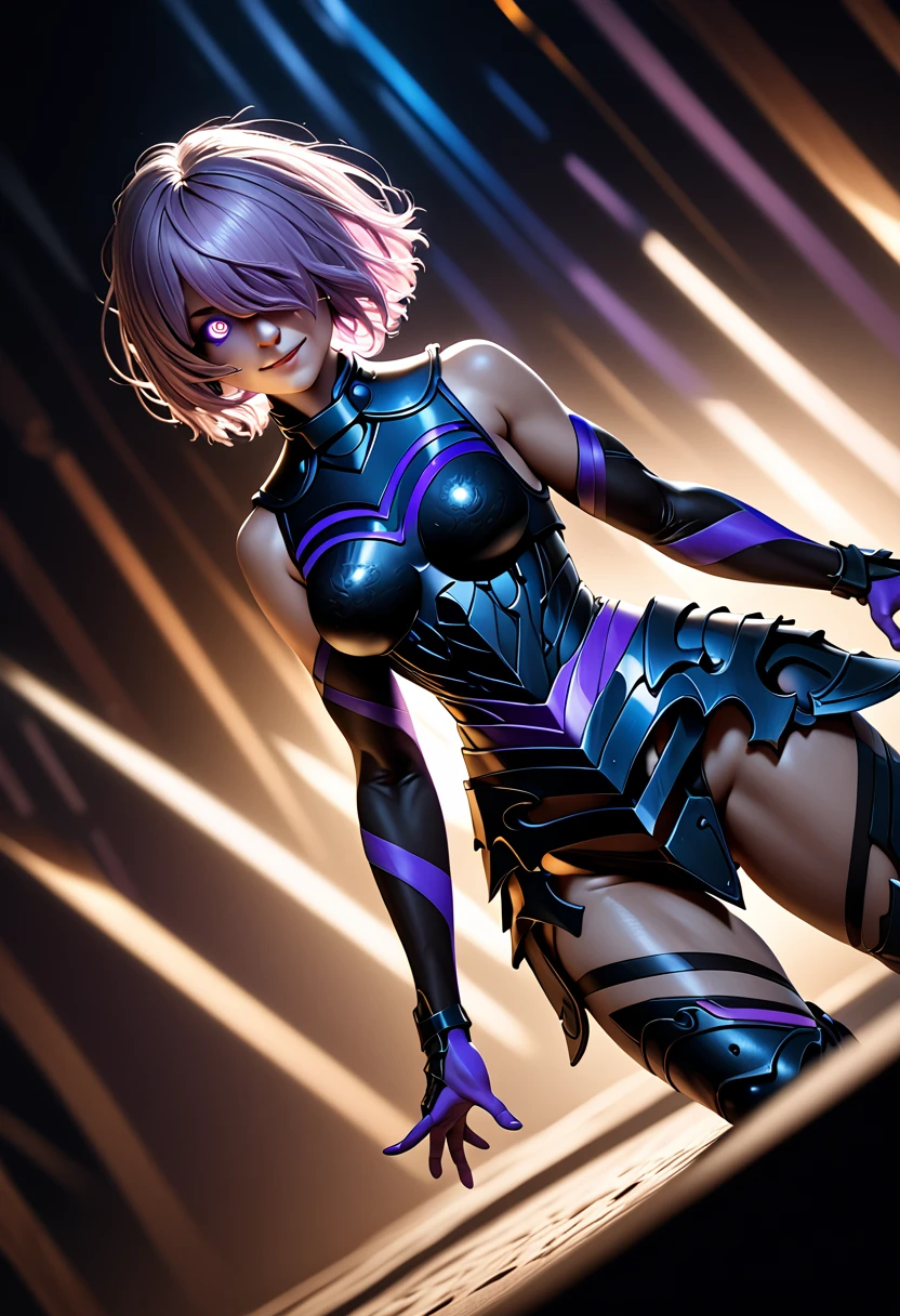 (masterpiece, top quality, best quality, beautiful and aesthetic:1.2), full body, extremely detailed, detailed face and eyes, cinematic light, depth of field, 1girl, seducing smile, solo, official, dark armor, mash kyrielight, light purple hair, short hair, hair over one eye, slim body, cinematic lighting, dramatic lighting, dramatic atmosphere, hyper-realistic, high resolution, stunning contrast, high quality, best quality, 8k, 4k, intricately detailed, (amazing details:1.2), highly detailed skin, powerful presence, vibrant colors, (detailed eyes:1.2), striking eyes, (detailed background), (dynamic angle:1.2), (dynamic pose:1.2)