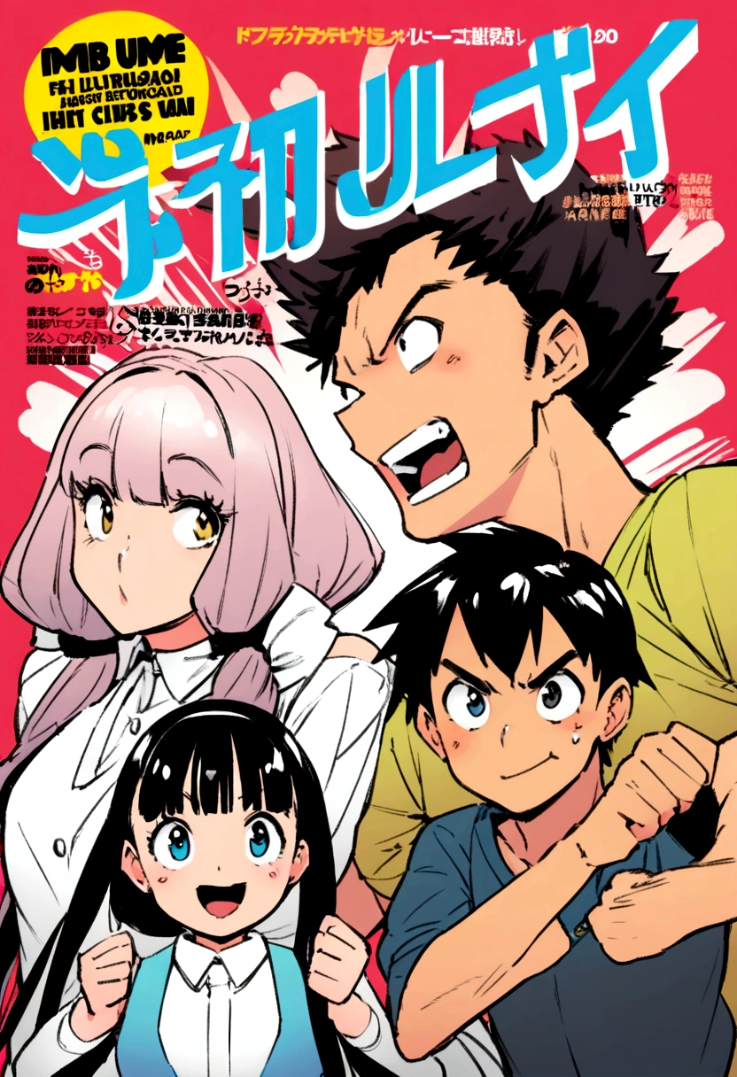 three characters, manga cover, Shonen, two boys and a girl, manga style, Shonen magazine, action, figth, everybody happy
