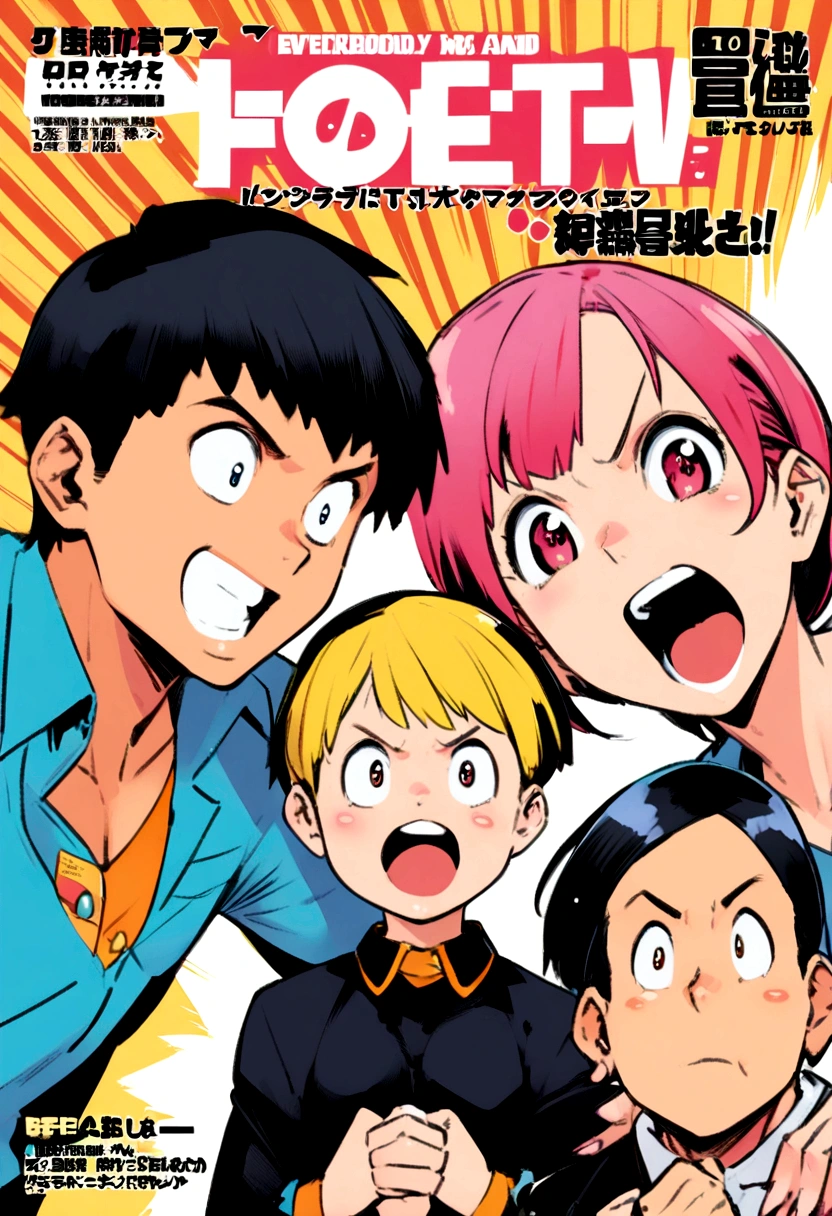 three characters, manga cover, Shonen, two boys and a girl, manga style, Shonen magazine, action, figth, everybody happy