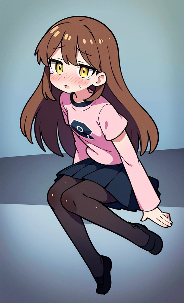 masterpiece,Highest quality,1 Girl,alone,Pokémon-like art style,(bold:1.6),(flat:1.5), Thin thighs,(pink long sleeve t shirt,White knee-length pleated skirt),Brown Hair,(blush:1.3),Long Hair,Black Pantyhose,Married Woman,Girl sitting,Yellow puddle,wet,Pee,cry