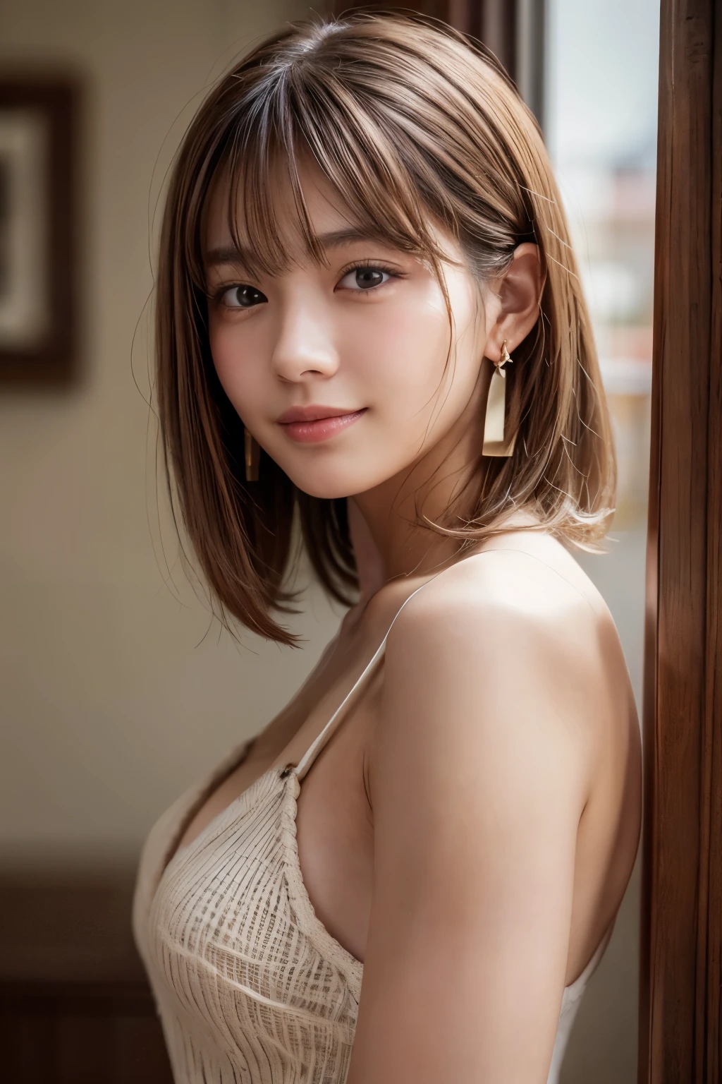 Upper Body、Beauty、Well-formed face、20-year-old、Uniform eyes、Small face、, light brown hair, hair over shoulder, parted bangs, straight hair, expressive hair, shiny hair, earrings, seductive smile, Upper body naked、Small Bust, Surrealism, cinematic lighting, first-person view, pov, f/1.2, Nikon, depth of field, cowboy shot, UHD, textured skin, best quality, highres, 8k