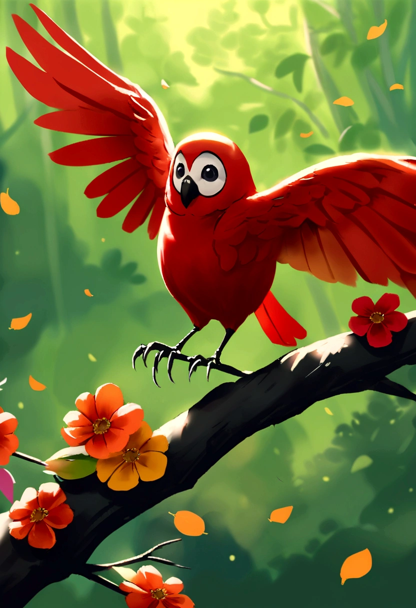 There is a oiseau rouge sitting on a branch with a green background, oiseau rare dans la jungle, oiseau rouge, oiseau fougueux, souvent décrit comme ressemblant à une flamme, colooiseau rouges, aviaire, couleur rouge et orange, couleurs vives, oiseau coloré avec un long, plumage coloré, émeraude écarlate, regard innocent. couleurs riches et vives, couleur rouge, coloration riche, très colorés se tiennent sur un chemin dans la forêt avec des fleurs, peinture numérique adorable, Hiboux, bel art numérique détaillé, illustration mignonne de livre de contes, Loish et Wlop, Hiboux incandescentes, Dirigé par: Caroline Chariot Dayez, hibou studio et j.Dickenson, le plus sage de tous les hiboux, Art sur Artstation, Wlop et Ross Thran
