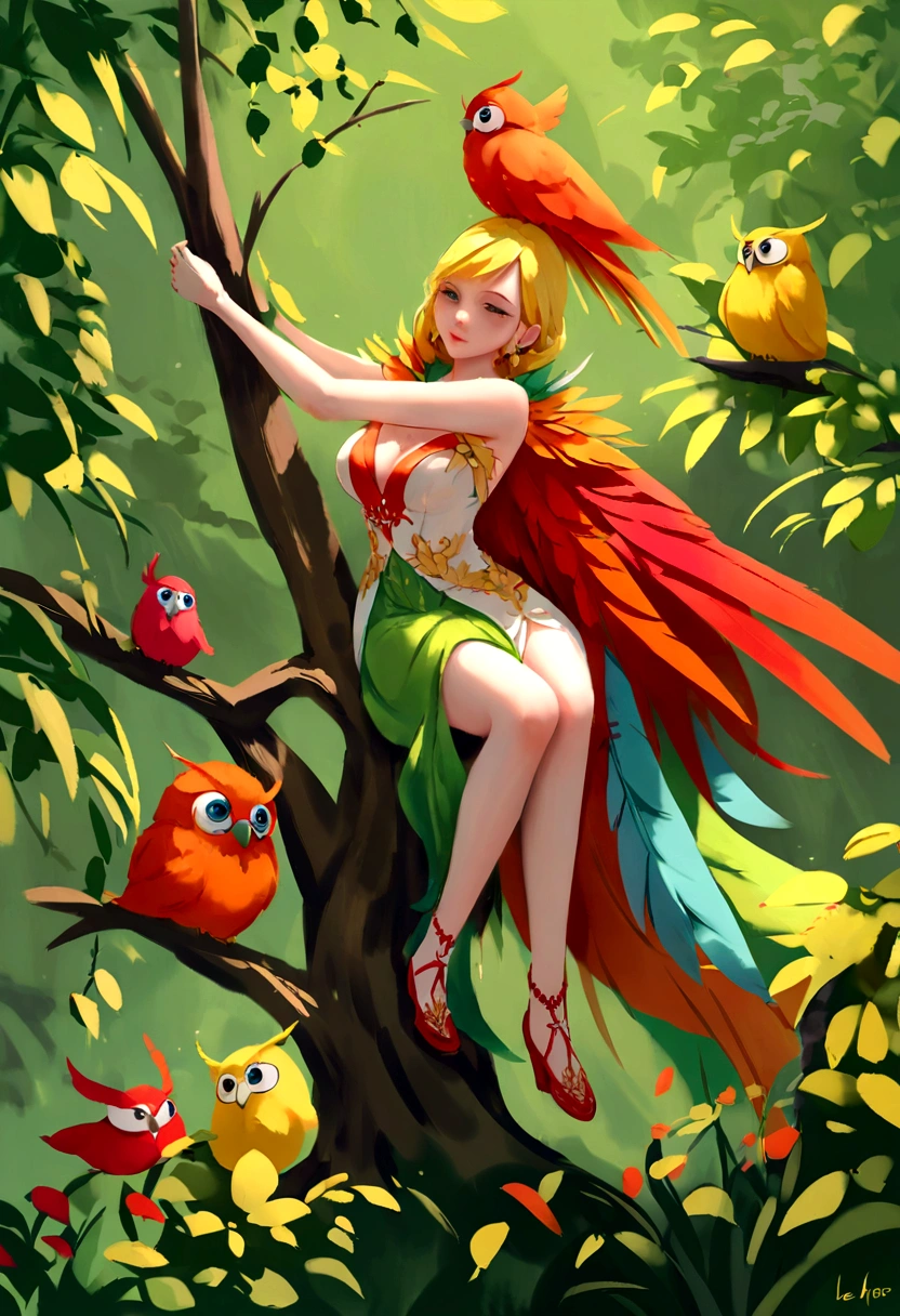 There is a oiseau rouge sitting on a branch with a green background, oiseau rare dans la jungle, oiseau rouge, oiseau fougueux, souvent décrit comme ressemblant à une flamme, colooiseau rouges, aviaire, couleur rouge et orange, couleurs vives, oiseau coloré avec un long, plumage coloré, émeraude écarlate, regard innocent. couleurs riches et vives, couleur rouge, coloration riche, très colorés se tiennent sur un chemin dans la forêt avec des fleurs, peinture numérique adorable, Hiboux, bel art numérique détaillé, illustration mignonne de livre de contes, Loish et Wlop, Hiboux incandescentes, Dirigé par: Caroline Chariot Dayez, hibou studio et j.Dickenson, le plus sage de tous les hiboux, Art sur Artstation, Wlop et Ross Thran