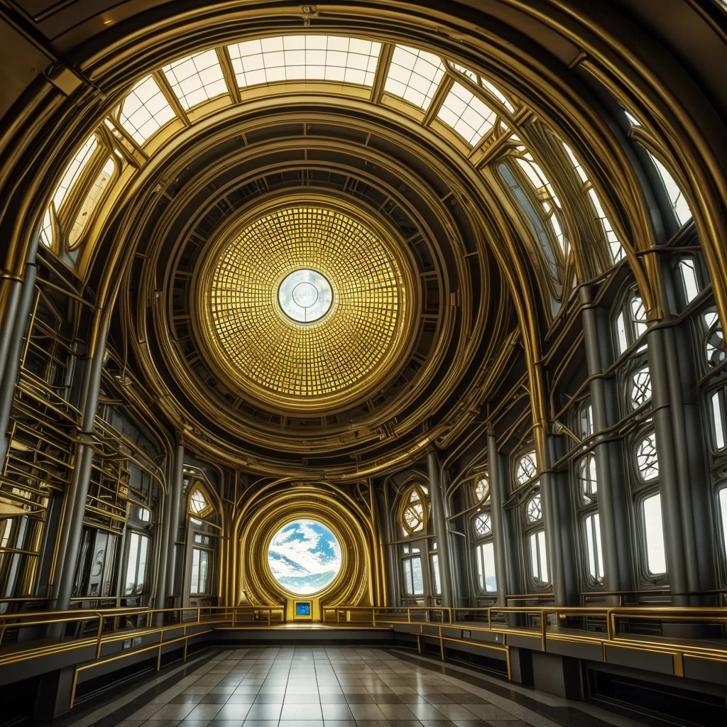 best quality, masterpiece, 4K, detailed, shading, inside a sci-fi golden sphere shelter, sci-fi, futuristic architecture, (interior view:1.4), (conifer forest outside:0.6)