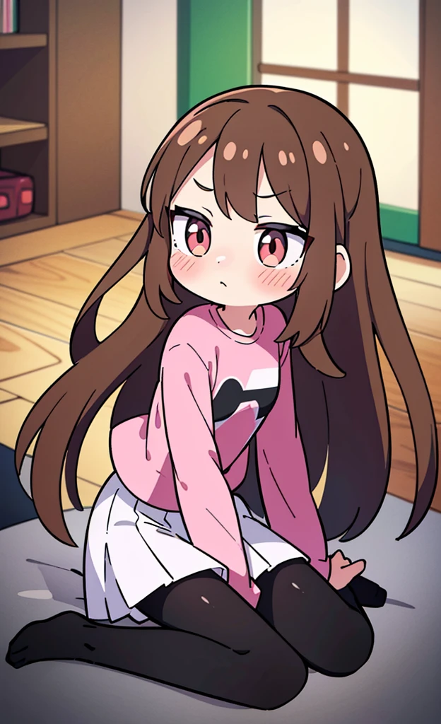 masterpiece,Highest quality,1 Girl,alone,Pokémon-like art style,(bold:1.6),(flat:1.5), Thin thighs,(pink long sleeve t shirt,White knee-length pleated skirt),Brown Hair,(blush:1.3),Long Hair,Black Pantyhose,Married Woman,Girl sitting,indoor