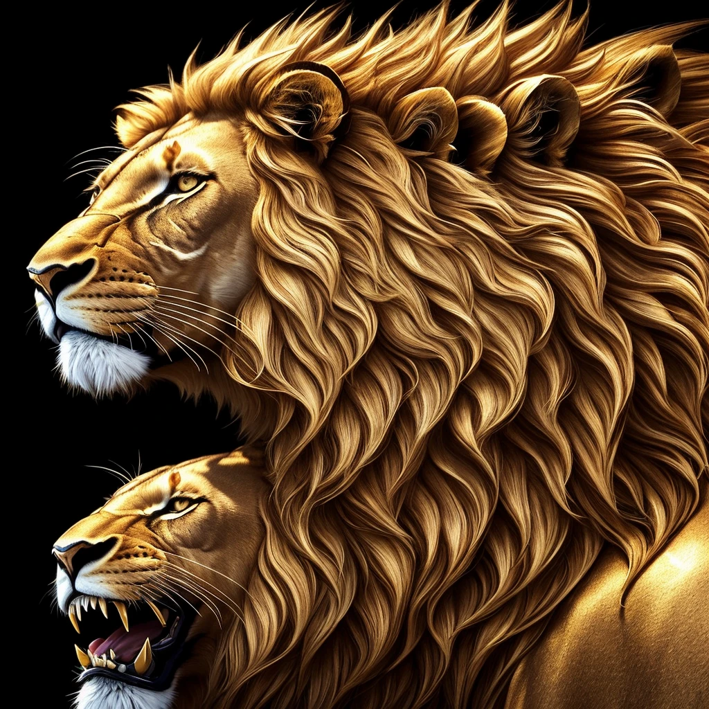 Imagine a visually arresting image of a lion, crafted entirely from gold, exuding an aura of strength and sophistication. This texturized masterpiece captures the lion mid-roar, showcasing a blend of artistry and engineering. Here is a detailed description focusing on the visual and technical aspects:
Lion
Material: The lion is composed entirely of gold. The metalwork is intricately detailed, with each strand of its mane and muscle contour meticulously sculpted to replicate the natural flow and texture of a lion’s fur and physique.
Pose: The lion is depicted mid-roar, with its mouth wide open, revealing sharp, golden teeth. The stance is dynamic, capturing the power and ferocity of the animal in motion.
Eyes: The eyes of the lion are crafted from polished gold, reflecting light in a way that gives them a lifelike glint, adding to the intense expression of the roaring beast.
Texture and Details
Mane: The mane is a complex network of gold strands, each individually shaped and polished to reflect light differently. This creates a shimmering effect that mimics the wild, untamed nature of a lion’s mane.
Body: The body is covered in a series of overlapping gold plates and scales, resembling armor. These plates are etched with fine lines and grooves to simulate the muscle definition and skin texture of a real lion.
Teeth and Claws: The teeth and claws are made from sharpened gold, gleaming with a polished finish. They stand out starkly against the slightly matte finish of the body, emphasizing the lion’s predatory nature.
Reflections and Lighting
Reflections: The gold surface of the lion reflects its surroundings, creating a dynamic interplay of light and shadow. The reflections are not uniform; instead, they vary depending on the angle and curvature of each metal piece, giving the lion a lifelike shimmer.
Lighting: The lighting is dramatic, with strong highlights and deep shadows enhancing the three-dimensionality of the sculpture. Spotlights positioned at various angles