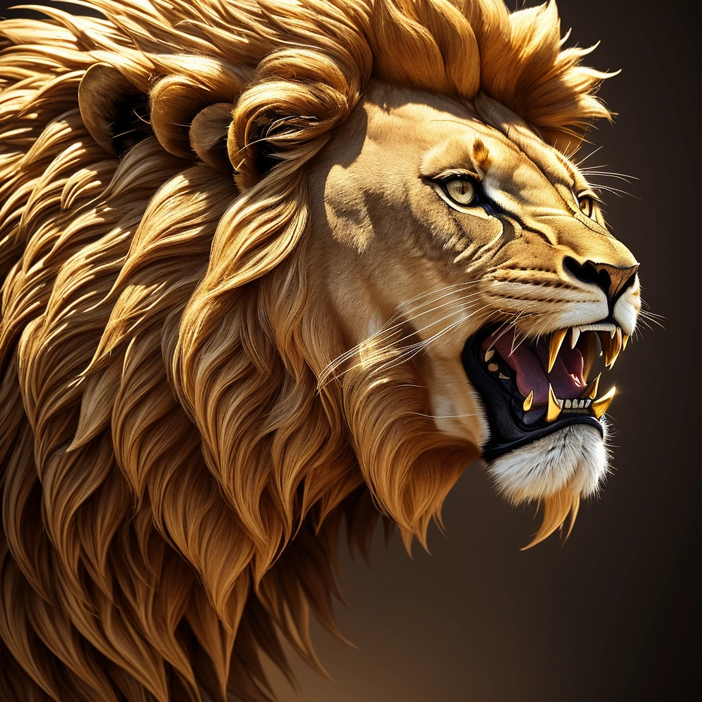 Imagine a visually arresting image of a lion, crafted entirely from gold, exuding an aura of strength and sophistication. This texturized masterpiece captures the lion mid-roar, showcasing a blend of artistry and engineering. Here is a detailed description focusing on the visual and technical aspects:
Lion
Material: The lion is composed entirely of gold. The metalwork is intricately detailed, with each strand of its mane and muscle contour meticulously sculpted to replicate the natural flow and texture of a lion’s fur and physique.
Pose: The lion is depicted mid-roar, with its mouth wide open, revealing sharp, golden teeth. The stance is dynamic, capturing the power and ferocity of the animal in motion.
Eyes: The eyes of the lion are crafted from polished gold, reflecting light in a way that gives them a lifelike glint, adding to the intense expression of the roaring beast.
Texture and Details
Mane: The mane is a complex network of gold strands, each individually shaped and polished to reflect light differently. This creates a shimmering effect that mimics the wild, untamed nature of a lion’s mane.
Body: The body is covered in a series of overlapping gold plates and scales, resembling armor. These plates are etched with fine lines and grooves to simulate the muscle definition and skin texture of a real lion.
Teeth and Claws: The teeth and claws are made from sharpened gold, gleaming with a polished finish. They stand out starkly against the slightly matte finish of the body, emphasizing the lion’s predatory nature.
Reflections and Lighting
Reflections: The gold surface of the lion reflects its surroundings, creating a dynamic interplay of light and shadow. The reflections are not uniform; instead, they vary depending on the angle and curvature of each metal piece, giving the lion a lifelike shimmer.
Lighting: The lighting is dramatic, with strong highlights and deep shadows enhancing the three-dimensionality of the sculpture. Spotlights positioned at various angles
