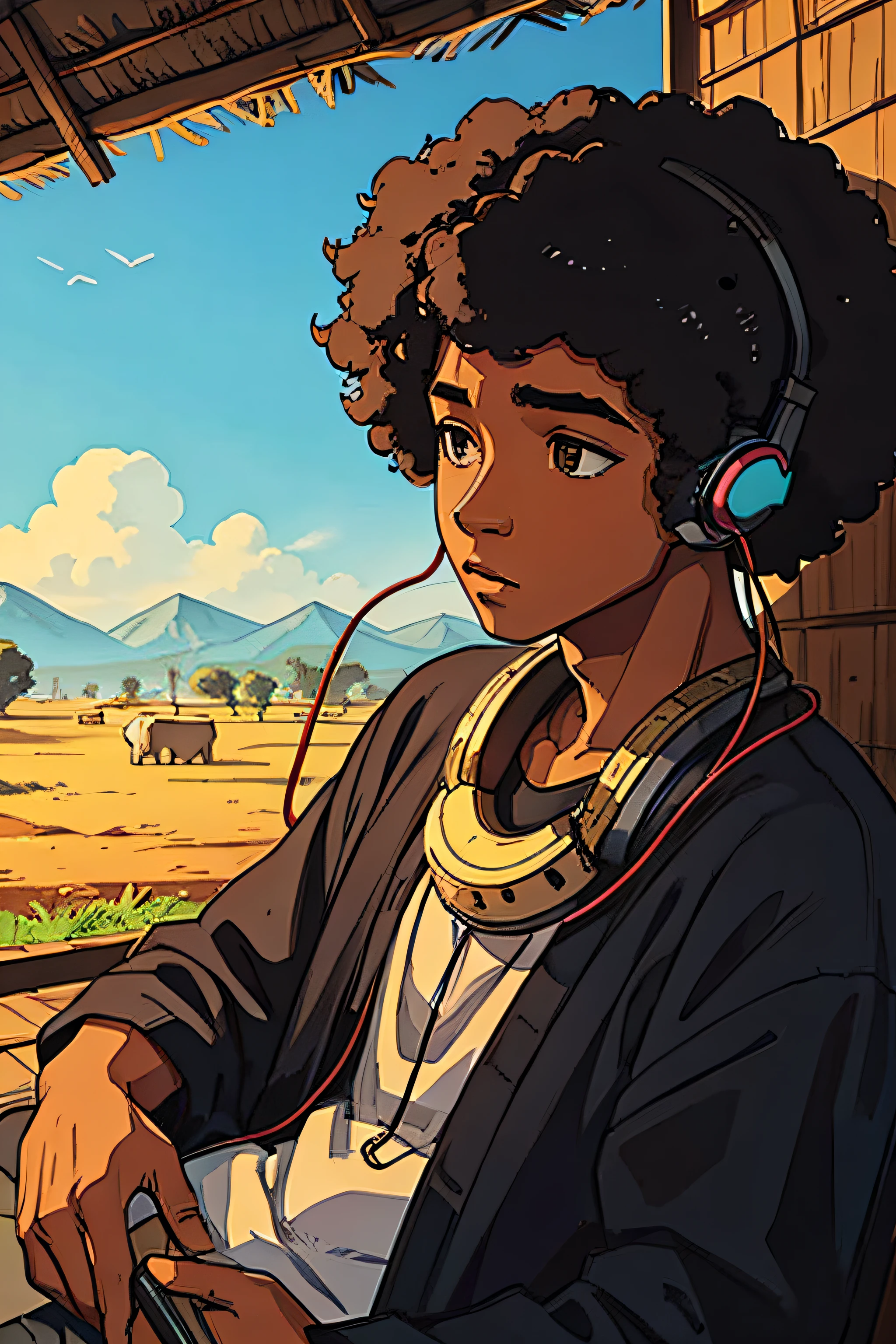 Traditional Boy, blackw ,african boy,Afro African Hair,usando earbuds ouvindo música,earbuds, african rural background,lofi aesthetic