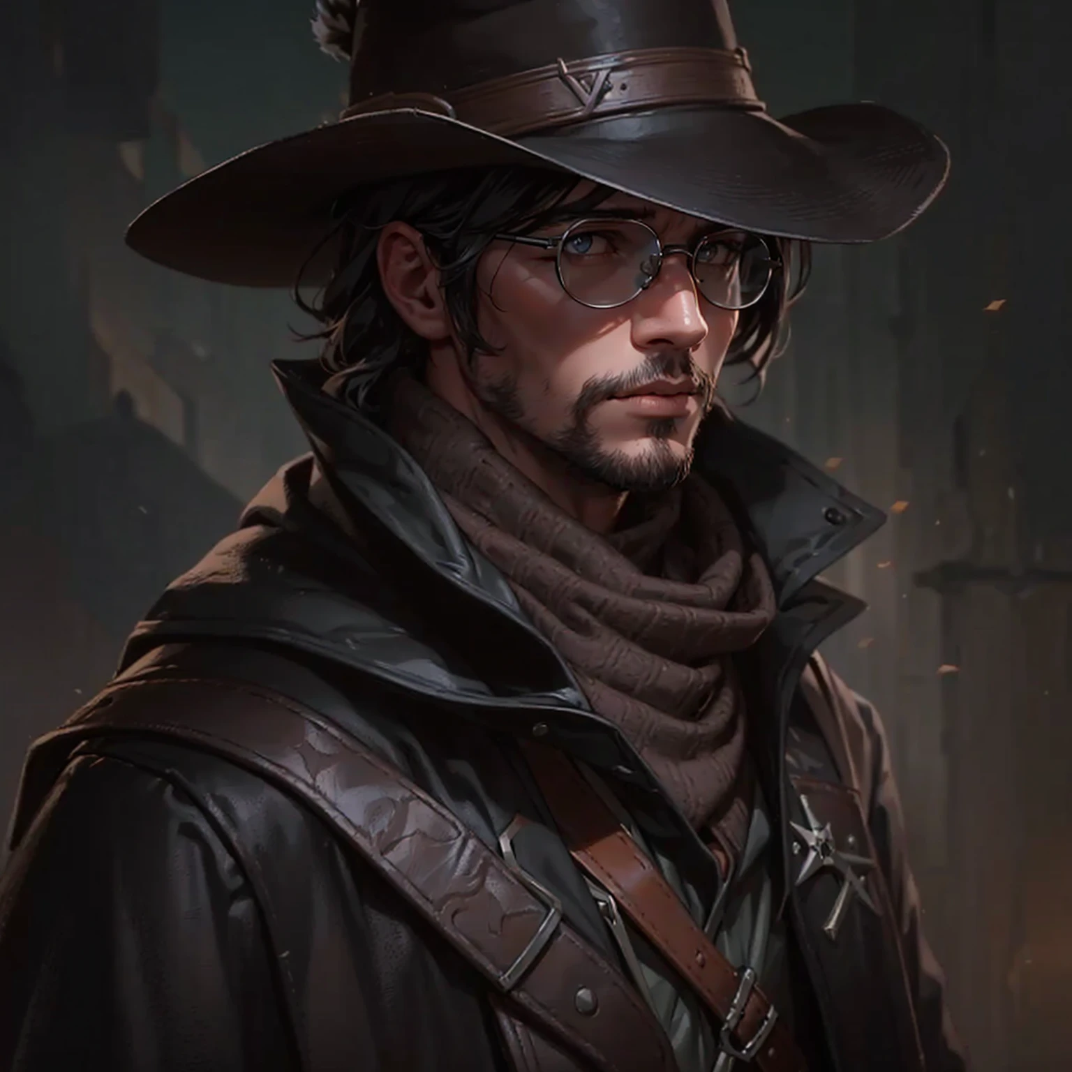 Using as a reference the main trends of Artstation and DeviantArt in digital ART, fancy, portraite. Use as a reference John Marston from Red Dead Redemption 2.
A rogue boy with a medieval vampire appearance wearing a black cowboy hat, round-lensed glasses and silver frame and black robes in an armored overcoat of darkened leather with brown tones.
