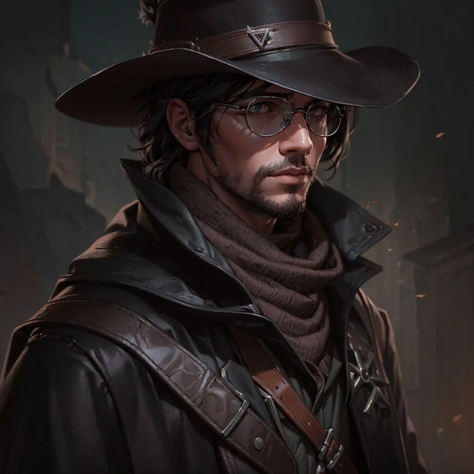 Using as a reference the main trends of Artstation and DeviantArt in digital ART, fancy, portraite. Use as a reference John Marston from Red Dead Redemption 2.

A rogue boy with a medieval vampire appearance wearing a black cowboy hat, round-lensed glasses and silver frame and black robes in an armored overcoat of darkened leather with brown tones.