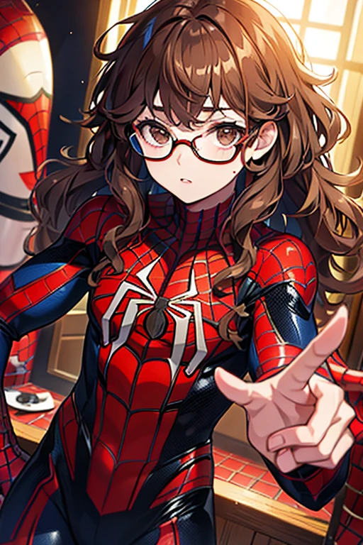 a teenager with curly hair, Caucasian skin, brown eyes that wear glasses with spider man outfit
