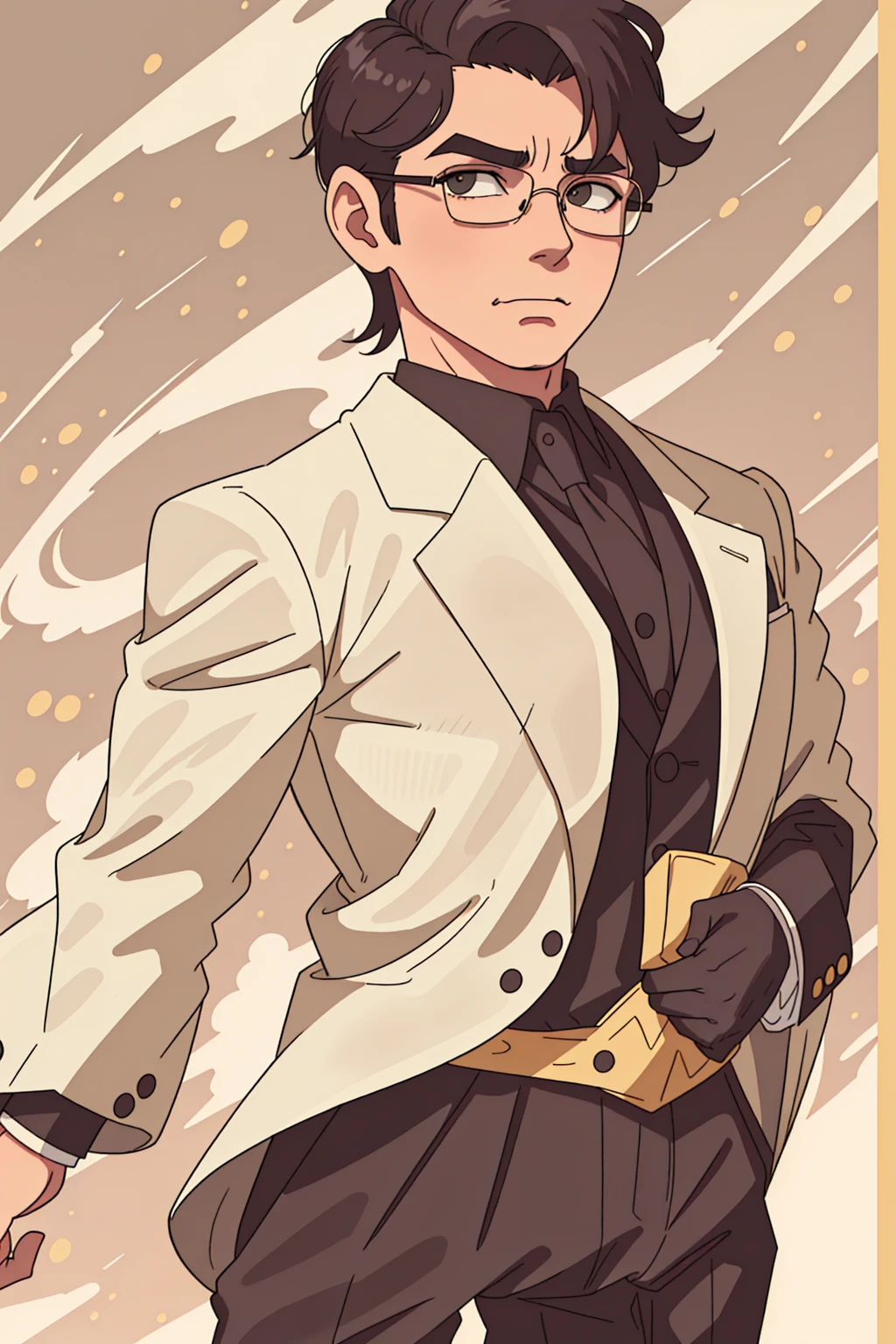 A thinner man wearing a tight-fitting tuxedo and suit, really short swept back hair, shaved sides of his head, long sculpted face, looking very smug, wearing circular glasses, wearing a yellow suit with gold accents, standing in front of a golden sky