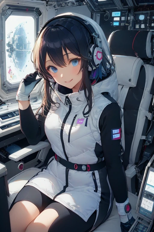masterpiece, highest quality, high resolution, breasts, 20yo,1 girl,(solo):2,,blonde hair,(inside space station):2,flying:2,floatong:2,zero gravity,wind:1.5,anime lovelive style,
BREAK
headphone,(futurstic tight-fit bodysuit):2,(shiny silver long downvest):100,(northface silver metallic puffy downvest):2,(puffy):2,(black sleeves):5,(black tights):2,(black belt),futuristic boots and gloves,(smartwatch):100,astrovest
BREAK
1 girls, sitting in spacecraft cabin with 4-point seat belt, securely fastened, space station interior, looking out of large windows at Earth below, beautiful eyes, she have aluminum foil pouch,(aluminum foil pouch with plastic viewing window):2, contains nutritious liquid or puree together, smiling and chatting, bright and cheerful expressions, high quality cinematic lighting, detailed textures, sharp focus,blue hair,blue eyes,