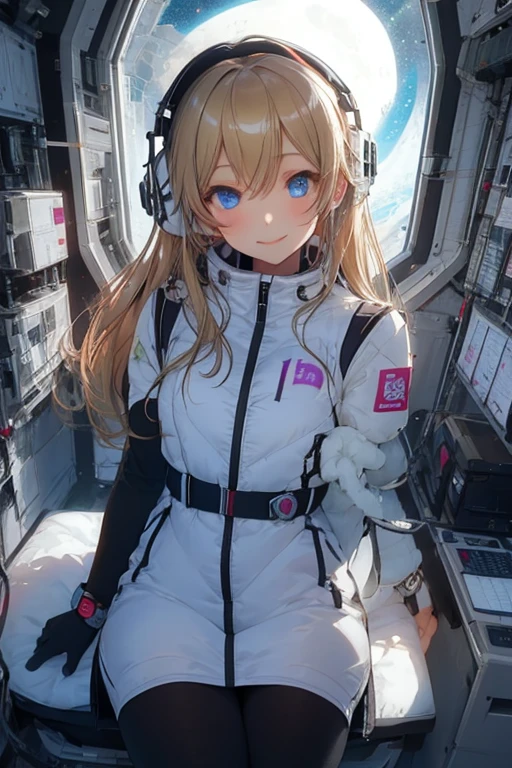 masterpiece, highest quality, high resolution, breasts, 20yo,1 girl,(solo):2,,blonde hair,(inside space station):2,flying:2,floatong:2,zero gravity,wind:1.5,anime lovelive style,

BREAK
headphone,(futurstic tight-fit bodysuit):2,(shiny silver long downvest):100,(northface silver metallic puffy downvest):2,(puffy):2,(black sleeves):5,(black tights):2,(black belt),futuristic boots and gloves,(smartwatch):100,astrovest
BREAK
1 girls, sitting in spacecraft cabin with 4-point seat belt, securely fastened, space station interior, looking out of large windows at Earth below, beautiful eyes, she have aluminum foil pouch,(aluminum foil pouch with plastic viewing window):2, contains nutritious liquid or puree together, smiling and chatting, bright and cheerful expressions, high quality cinematic lighting, detailed textures, sharp focus,blue hair,blue eyes,
