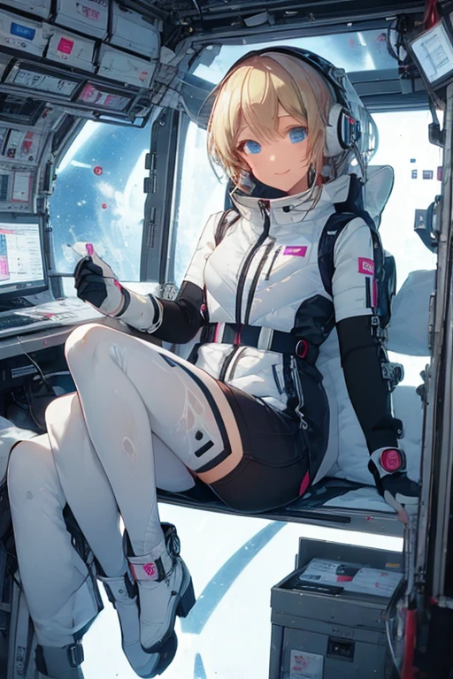 masterpiece, highest quality, high resolution, breasts, 20yo,1 girl,(solo):2,,blonde hair,(inside space station):2,flying:2,floatong:2,zero gravity,wind:1.5,anime lovelive style,
BREAK
headphone,(futurstic tight-fit bodysuit):2,(shiny silver long downvest):100,(northface silver metallic puffy downvest):2,(puffy):2,(black sleeves):5,(black tights):2,(black belt),futuristic boots and gloves,(smartwatch):100,astrovest
BREAK
1 girls, sitting in spacecraft cabin with 4-point seat belt, securely fastened, space station interior, looking out of large windows at Earth below, beautiful eyes, she have aluminum foil pouch,(aluminum foil pouch with plastic viewing window):2, contains nutritious liquid or puree together, smiling and chatting, bright and cheerful expressions, high quality cinematic lighting, detailed textures, sharp focus,blue hair,blue eyes,