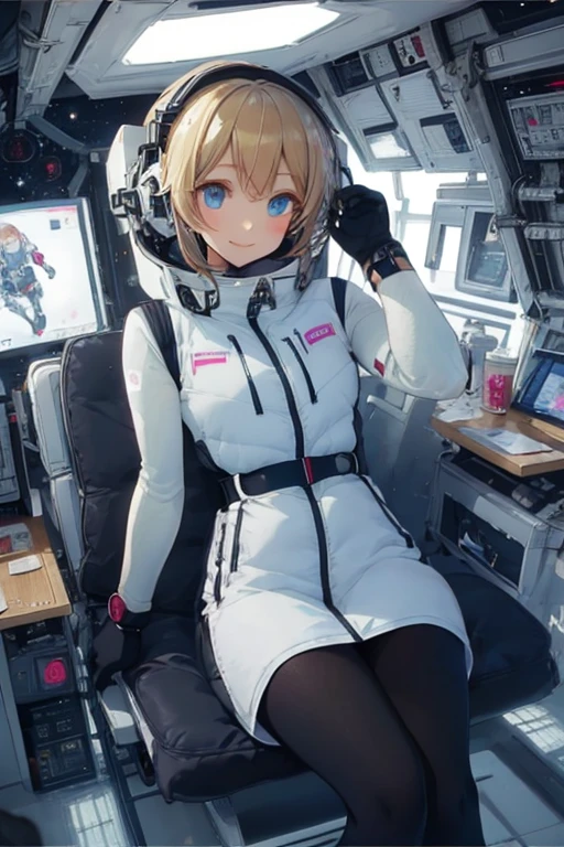 masterpiece, highest quality, high resolution, breasts, 20yo,1 girl,(solo):2,,blonde hair,(inside space station):2,flying:2,floatong:2,zero gravity,wind:1.5,anime lovelive style,

BREAK
headphone,(futurstic tight-fit bodysuit):2,(shiny silver long downvest):100,(northface silver metallic puffy downvest):2,(puffy):2,(black sleeves):5,(black tights):2,(black belt),futuristic boots and gloves,(smartwatch):100,astrovest
BREAK
1 girls, sitting in spacecraft cabin with 4-point seat belt, securely fastened, space station interior, looking out of large windows at Earth below, beautiful eyes, she have aluminum foil pouch,(aluminum foil pouch with plastic viewing window):2, contains nutritious liquid or puree together, smiling and chatting, bright and cheerful expressions, high quality cinematic lighting, detailed textures, sharp focus,blue hair,blue eyes,
