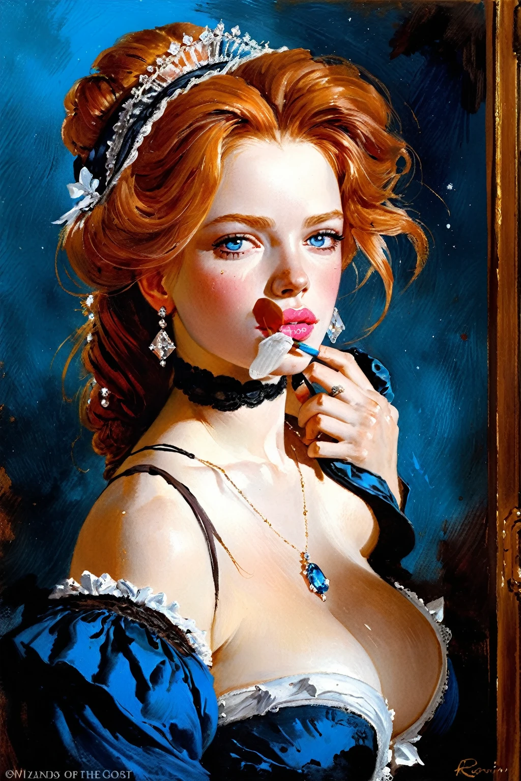 Victorian Hungarian women Women of the 18th century, Light Ginger hair, Pink lips, Nice features, Wadim Kashin, James Gurney, ink, Splash Art, Amazing beauty, Royo, after sexing, Super detailed splash art modern European oil ink painting, Mid Gorgeous chests, Gorgeous Body, oil painting, Light Diamond Blue eyes, Blush, Greg Rutowski, (no NSFW image).