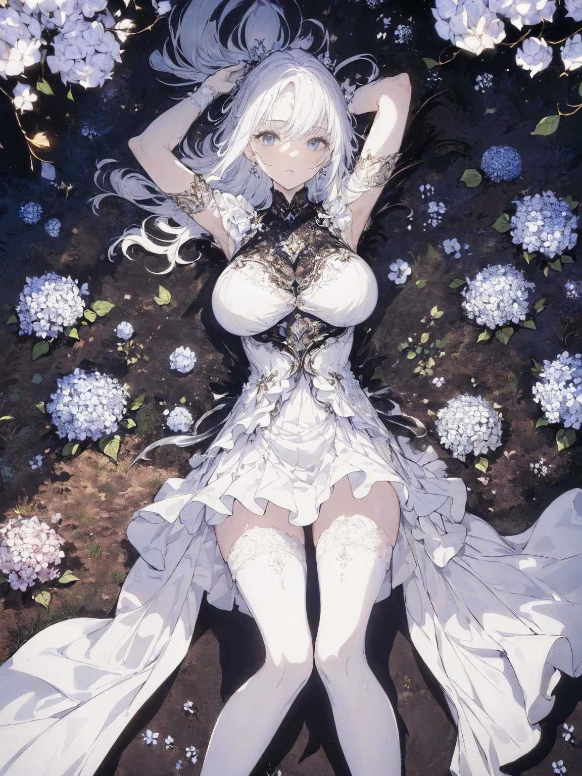 (Landscape photo, with a woman in the bottom right of photo:1.5, in white garden:1.5), Masterpiece, best quality, (very detailed CG unity 8k wallpaper), (best quality), High definition RAW color art, Animation,sculptures, (black Marble Skin), (((Ultra detailed elegant))), Magical atmosphere, Detailed skin, Texture,(Intricately detailed, Fine detail, ultra-detail art), depth of fields, bokeh, Silky Touch, Hyper Detail, beautiful eyes, Elegant Face, (lying on floor, upper body focus), sparkle background, enormous breast:1.3, (spread legs:1.1, silver hair), pure white, muscle, embarrassing face, hydrangea,  Dramatic Light, maid costume