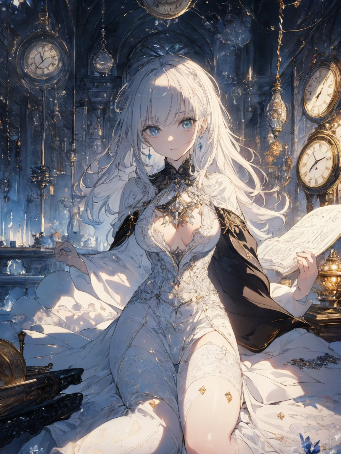 (Landscape photo, with a woman in the bottom right of photo:1.5, in white room with many clocks:1.5, Official art using high-quality hand-drawn watercolor sketch techniques), Masterpiece, best quality, (very detailed CG unity 8k wallpaper), (best quality), High definition RAW color art, Animation,sculptures, (black Marble Skin), (((Ultra detailed elegant))), Magical atmosphere, Detailed skin, Texture,(Intricately detailed, Fine detail, ultra-detail art), depth of fields, bokeh, Silky Touch, Hyper Detail, beautiful eyes, Elegant Face, (spread legs:1.3, lying on floor, looking from below), sparkle background, enormous breast:1.4, nsfw:1.4, (silver hair), pure white, muscle, embarrassing face, Dramatic Light, maid costume, wide open udder:1.3