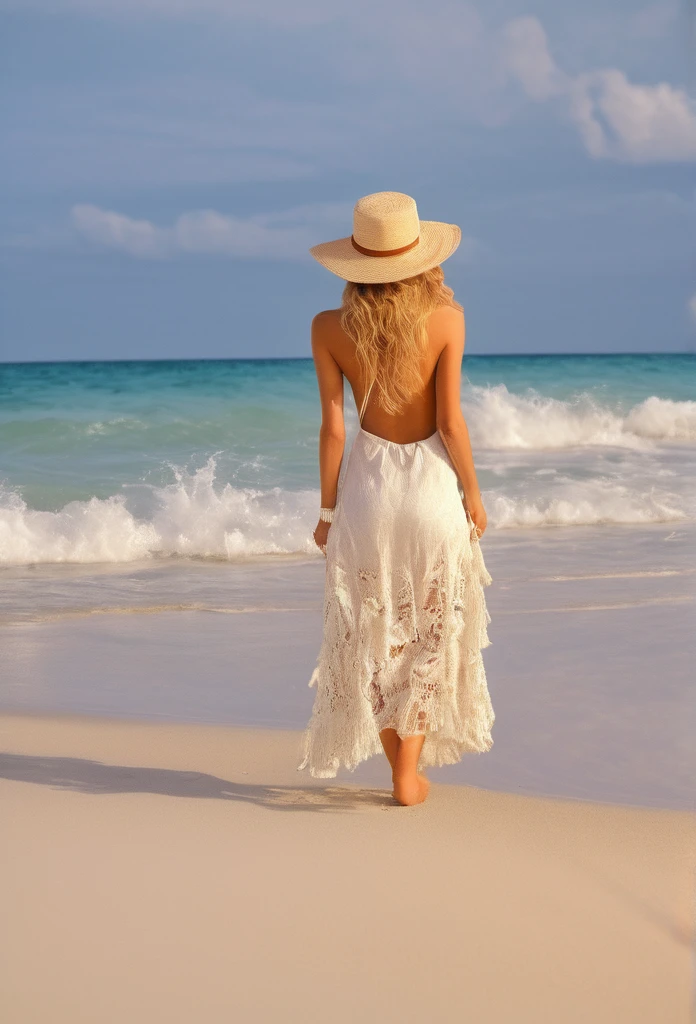 (best quality,4k,8k,highres,masterpiece:1.2),ultra-detailed,(realistic,photorealistic,photo-realistic:1.37),photographic print,beautiful blonde woman,beach,crystal clear water,sandy shore,gentle waves,rays of sunlight,summer breeze,tropical paradise,serene ambiance,vibrant colors,playful expression,wind-blown hair,tanned skin,beach hat,sunglasses,flowing dress,rustling palm trees,picture-perfect moment,warm golden hour,soft and dreamy atmosphere,ethereal beauty,powerful yet gentle nature,sandy footprints,joyful laughter,swinging hammock,seashells collection,tranquil horizon,seagulls soaring,swimming in turquoise waters,paradisiacal escape,relaxation and rejuvenation,memorable beach vacation,irresistible charm,exquisite details,everlasting summer memories,perfectly captured emotions,seaside getaway,blissful paradise,beauty in simplicity,colorful beach towel,beach umbrella providing shade,endless horizon,peaceful seclusion,unfading beauty,serenity enveloping the scene,exquisite contrast between sky and sea、アンダルシアの娘。