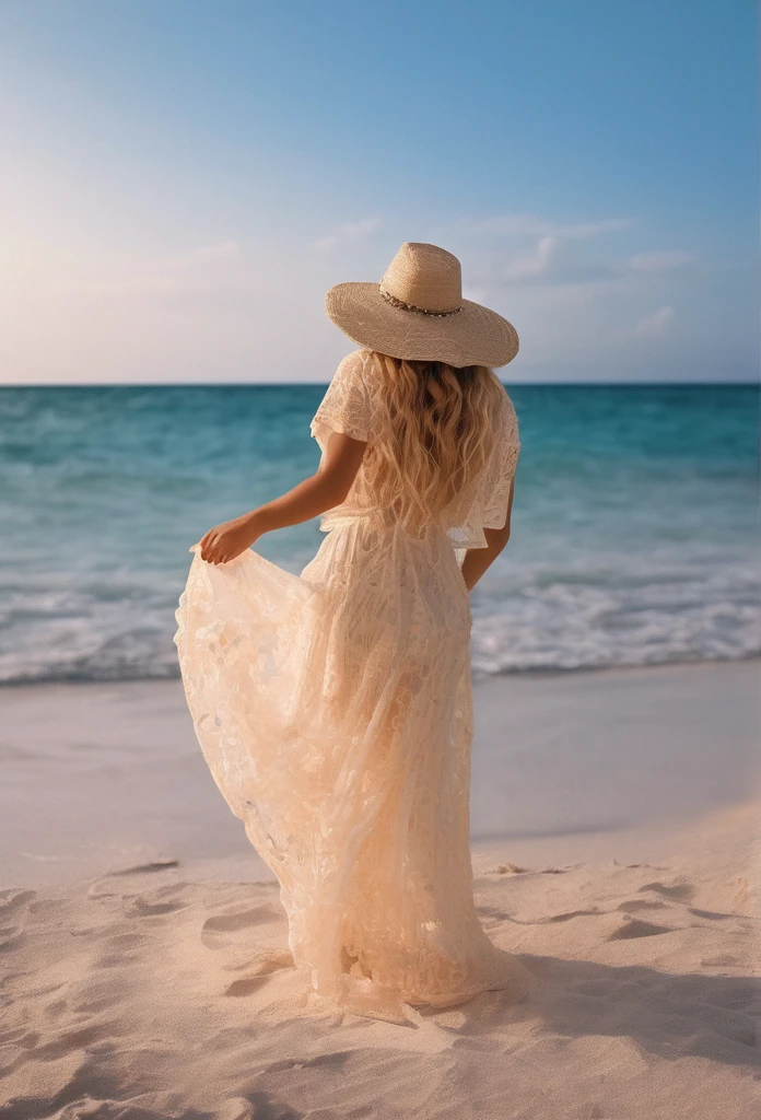 (best quality,4k,8k,highres,masterpiece:1.2),ultra-detailed,(realistic,photorealistic,photo-realistic:1.37),photographic print,beautiful blonde woman,beach,crystal clear water,sandy shore,gentle waves,rays of sunlight,summer breeze,tropical paradise,serene ambiance,vibrant colors,playful expression,wind-blown hair,tanned skin,beach hat,sunglasses,flowing dress,rustling palm trees,picture-perfect moment,warm golden hour,soft and dreamy atmosphere,ethereal beauty,powerful yet gentle nature,sandy footprints,joyful laughter,swinging hammock,seashells collection,tranquil horizon,seagulls soaring,swimming in turquoise waters,paradisiacal escape,relaxation and rejuvenation,memorable beach vacation,irresistible charm,exquisite details,everlasting summer memories,perfectly captured emotions,seaside getaway,blissful paradise,beauty in simplicity,colorful beach towel,beach umbrella providing shade,endless horizon,peaceful seclusion,unfading beauty,serenity enveloping the scene,exquisite contrast between sky and sea、アンダルシアの娘。