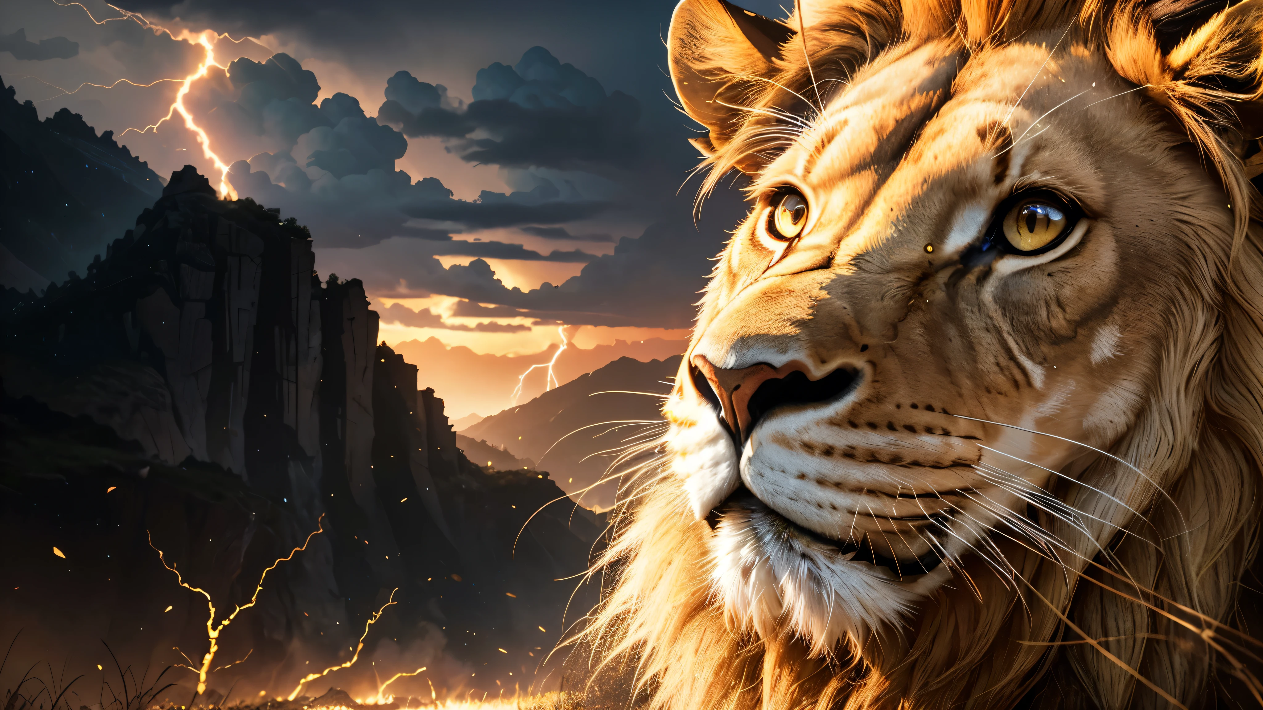 Lion, Divine Lion, natural, Thunder Azul, Realistic Lion, rey, realistic detailed, realistic detailed 16K, Eletricidade Detalhada 8K, Texturas realistas de 8K, Cores photorrealistic 8K, fire azul, realistic detailed Fire Bolt, Black and Blue Power, Power of Thunder, Realistic Divine, gold Crown, golden crown, Golden Crown, naturey, Linda, Rendering, photorrealistic, UltraHigh definition, 4K, detailed textures, Thunder, detailed shadows, detailed colors, neon blue, blue light, lightning strikes, blue power, naturey Linda, Great Divine, blue light, Thunder Azuls, King Crown, lightning strike, Electric Power Screw, detailed contrast, realistic contrast, high resolution, detailed colors, fire, villany, divine creature, 8K, realistic detailed, 16K, 8K, High definition, detailed contrast, realistic contrast, high resolution, detailed colors, fire, 8K Realistic Sunset, villany, divine creature, 8K Realistic Lion Face, realistic detailed, chic,