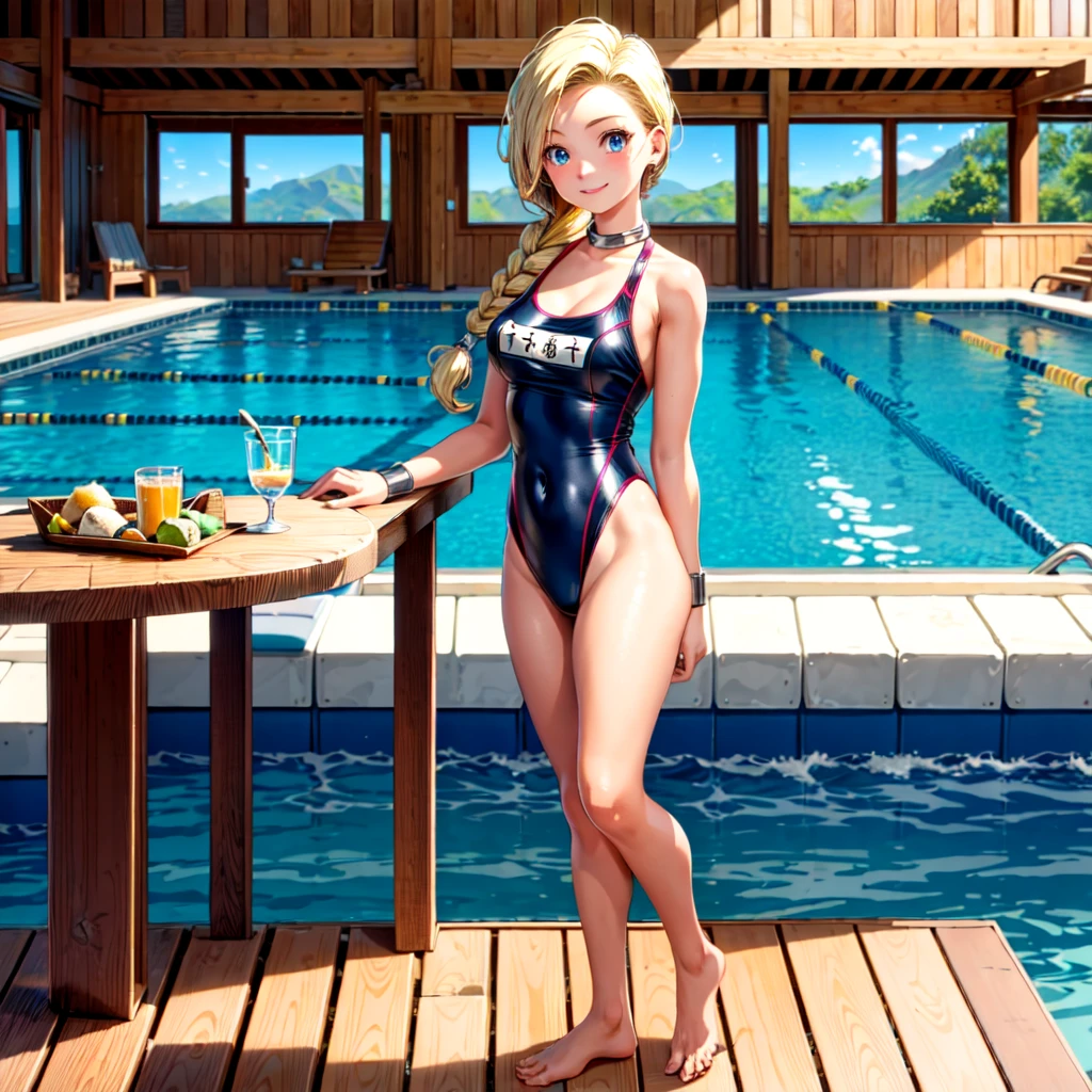 (masterpiece, highest quality:1.2), 1 girl, solo, 1 girl, Bianca, DQ5, illustration, anime style, long hair, blonde hair, single braid, blue eyes, smiling, competitive swimsuit, indoor pool, full body standing pose