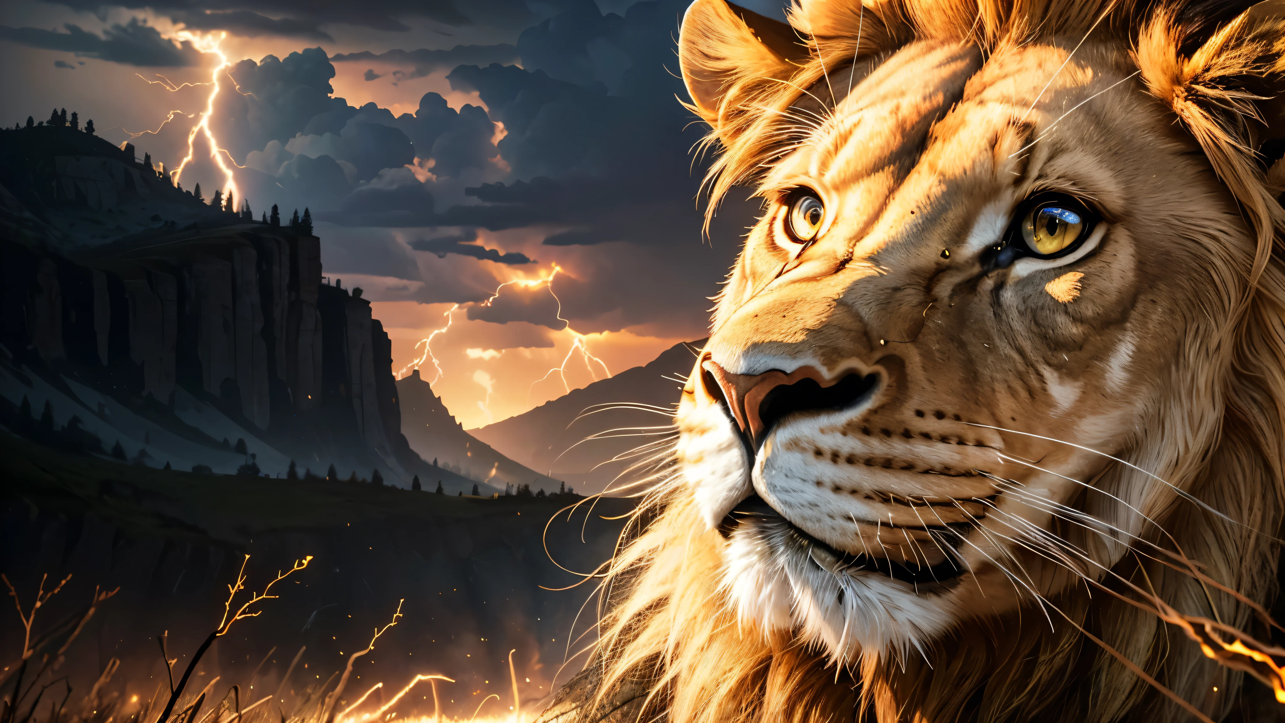 Lion, Divine Lion, natural, Thunder Azul, Realistic Lion, rey, realistic detailed, realistic detailed 16K, Eletricidade Detalhada 8K, Texturas realistas de 8K, Cores photorrealistic 8K, fire azul, realistic detailed Fire Bolt, Black and Blue Power, Power of Thunder, Realistic Divine, gold Crown, golden crown, Golden Crown, naturey, Linda, Rendering, photorrealistic, UltraHigh definition, 4K, detailed textures, Thunder, detailed shadows, detailed colors, neon blue, blue light, lightning strikes, blue power, naturey Linda, Great Divine, blue light, Thunder Azuls, King Crown, lightning strike, Electric Power Screw, detailed contrast, realistic contrast, high resolution, detailed colors, fire, villany, divine creature, 8K, realistic detailed, 16K, 8K, High definition, detailed contrast, realistic contrast, high resolution, detailed colors, fire, 8K Realistic Sunset, villany, divine creature, 8K Realistic Lion Face, realistic detailed, chic,