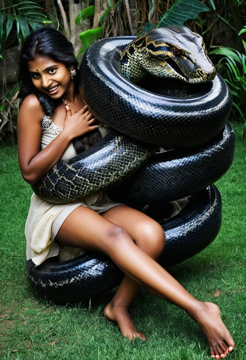 Happy Horny, aroused 1girl), beautiful kneeling Indian young teen girl with giant colossal black anaconda monster squeezing her hard, wrapped in thick spiraling coils, constricted, struggle, gasping for air, snake attack, snake peril, moonless night, dim light