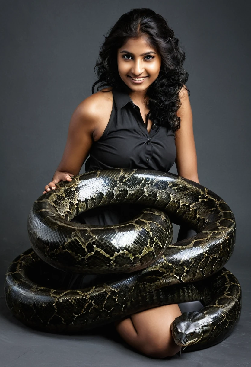 Happy Horny, aroused 1girl), beautiful kneeling Indian young teen girl  with  giant colossal black anaconda monster  squeezing her hard, wrapped in thick spiraling coils, constricted, struggle, gasping for air, snake attack, snake peril, moonless night, dim light