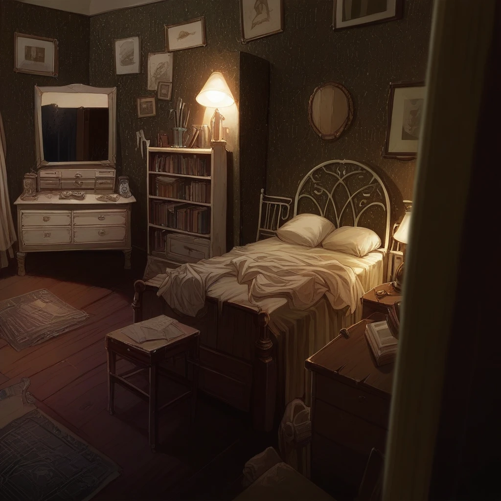 a bedroom with soft lighting, 90s room, nostalgic atmosphere, warm lighting, dresser on the left side, wooden tableware set next to the bed, 90s bedroom
