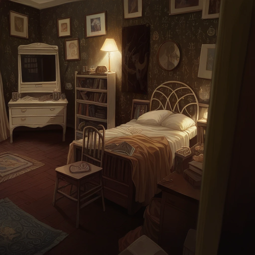 a bedroom with soft lighting, 90s room, nostalgic atmosphere, warm lighting, dresser on the left side, wooden tableware set next to the bed, 90s bedroom