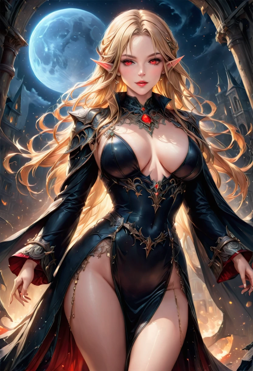 fantasy art, modern and gothic art, (masterpiece:1.5), full body best details, highly detailed, best quality,  highres, full body portrait of a vampire, elf (Masterpiece, best quality: 1.6), ultra feminine, wizard, (intricate details, Masterpiece, best quality: 1.5) with a long curvy hair, blond hair, (red:1.3) eyes, (fantasy art, Masterpiece, best quality), ((beautiful delicate face)), Ultra Detailed Face (intricate details, fantasy art, Masterpiece, best quality: 1.5), (wearing elegant glamour open black trench coat: 1.5) , (flowing black trench coat: 1.5), wearing an intricate (black dress: 1.2)  (intricate details, fantasy art, Masterpiece, best quality: 1.3), high heeled boots, urban background (intense details, beat details), fantasy, at night light, natural ,moon light, clouds, gothic atmosphere, soft light, dynamic light, [[anatomically correct]], high details, best quality, 16k, [ultra detailed], masterpiece, best quality, (extremely detailed), dynamic angle, drkfntasy