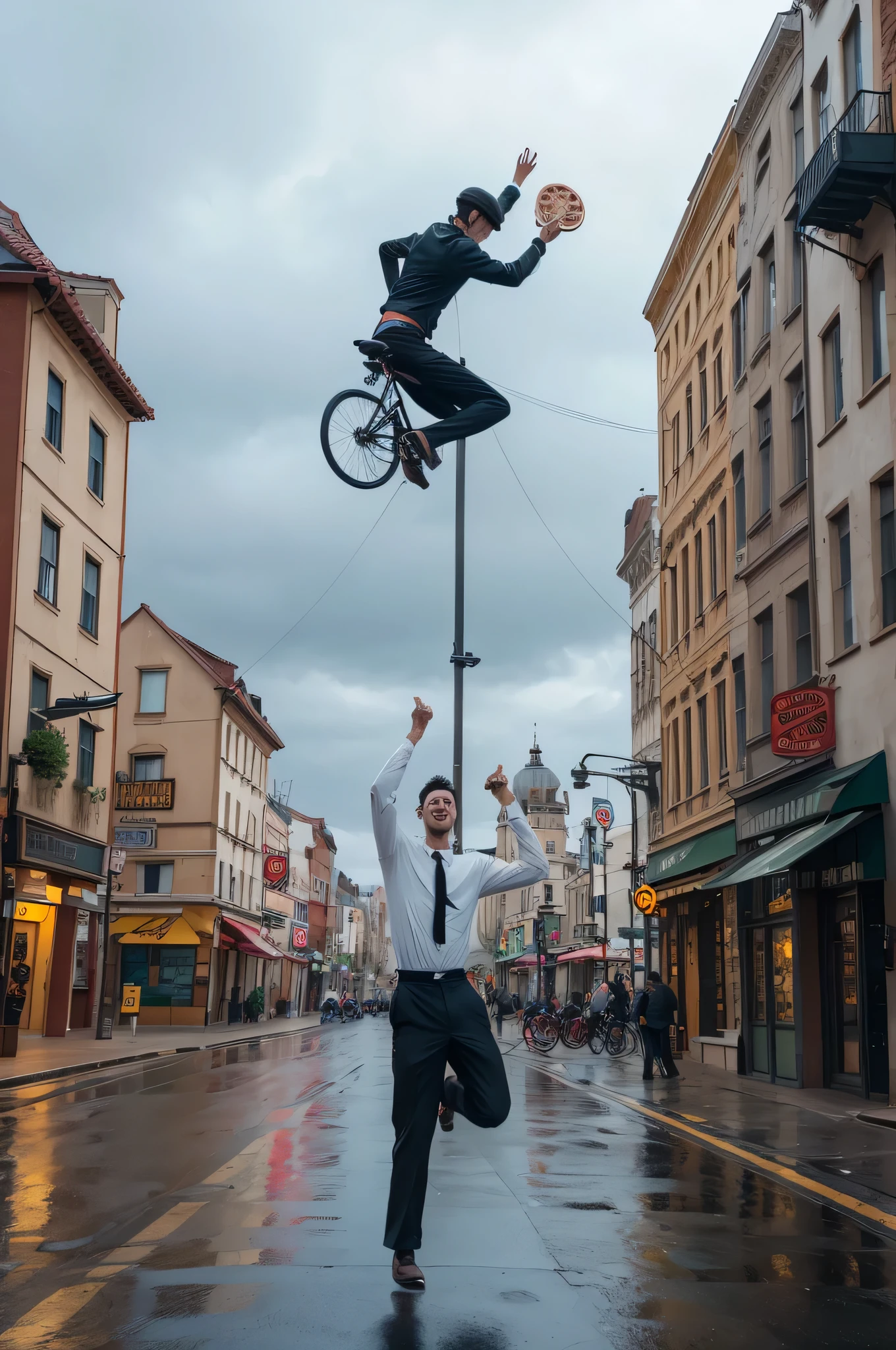 A two-foot-tall man flying his bike over the pizza tower and dancing the rain dance, all in animated format 