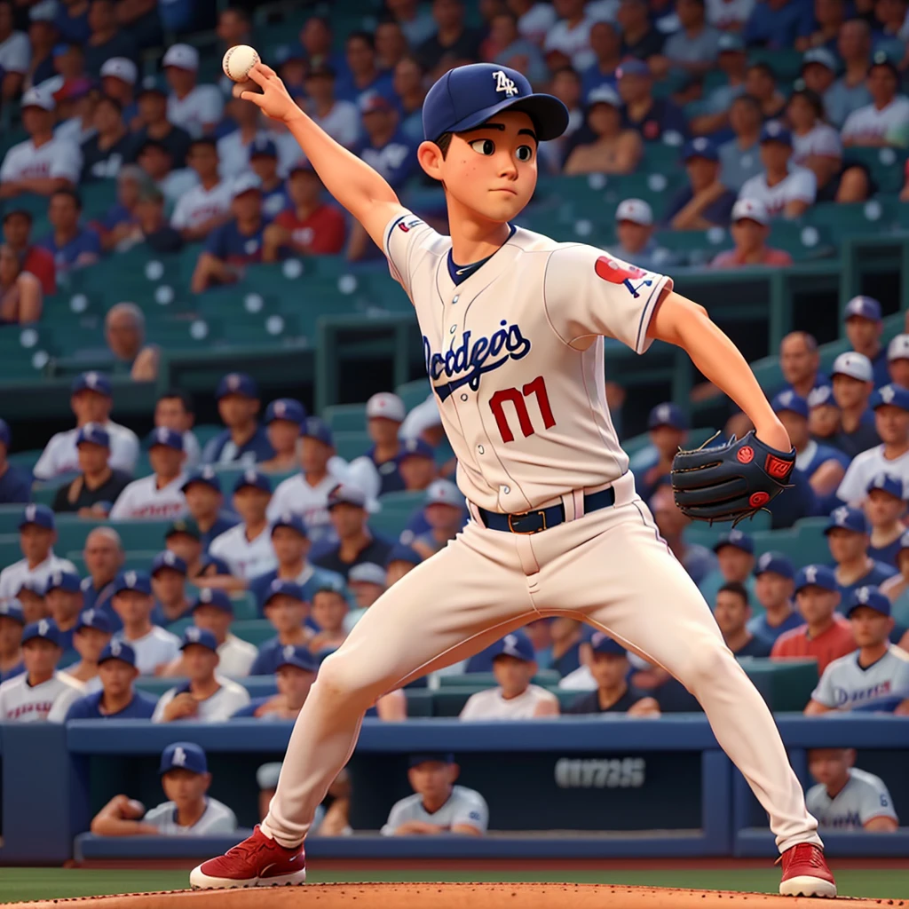 Shohei Ohtani, baseball player, uniform number 17, Dodgers uniform, one person in the image, on the mound in a packed stadium