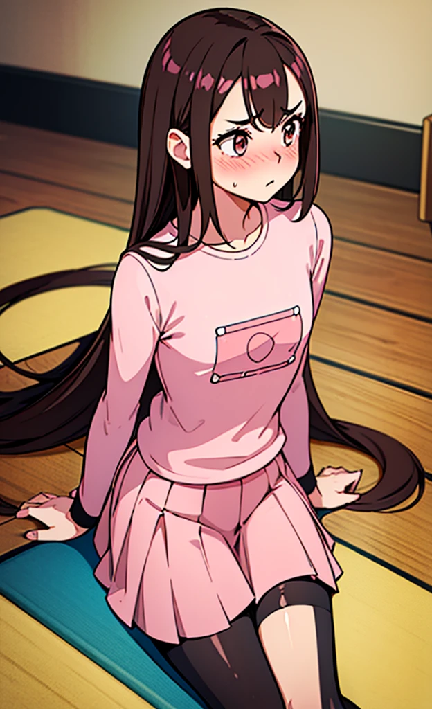masterpiece,Highest quality,1 Girl,alone,Pokémon-like art style,(bold:1.6),(flat:1.5), Thin thighs,(pink long sleeve t shirt,White knee-length pleated skirt),Brown Hair,(blush:1.3),Long Hair,Black Pantyhose,Married Woman,Girl sitting,indoor