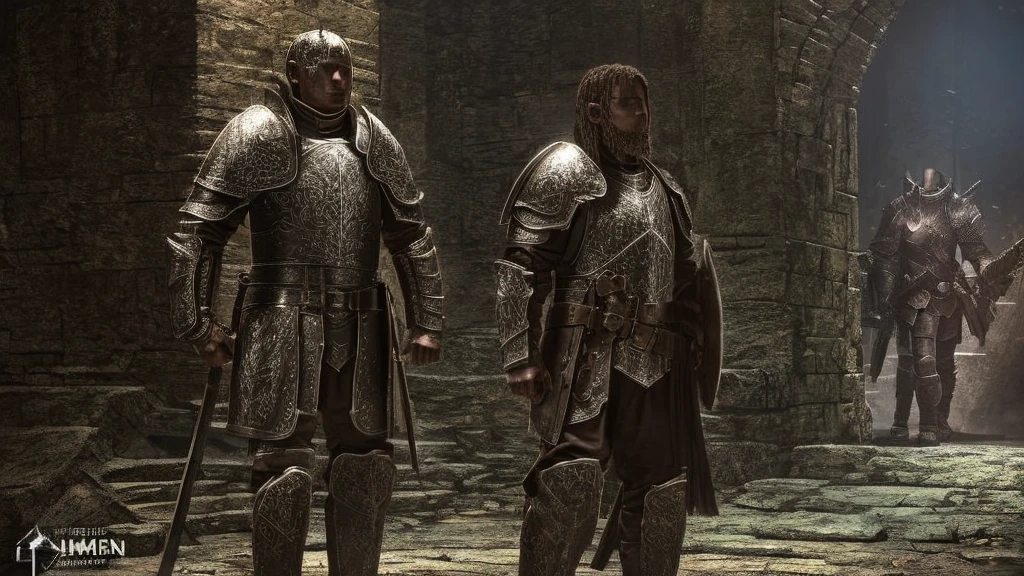 Knights clad in worn armor, exploring through a dark dungeon.