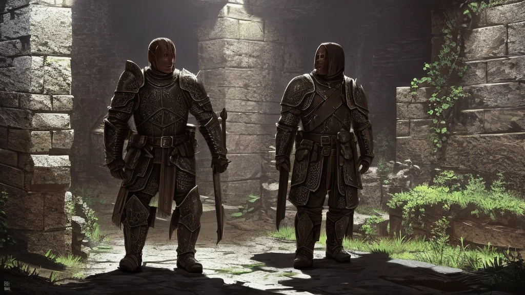 Knights clad in worn armor, exploring through a dark dungeon.
