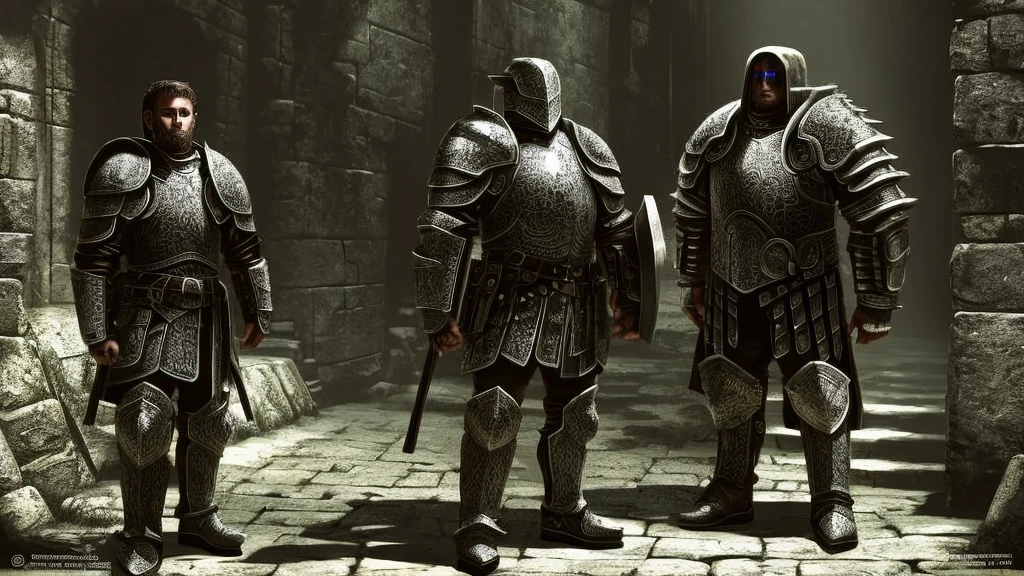 Knights clad in worn armor, exploring through a dark dungeon. 