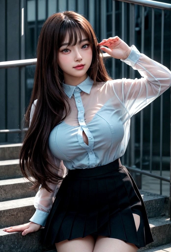 ((Tabletop, Highest quality, High resolution, Pixel perfect, 4K))), 1 Girl, single, alone, Beautiful woman、I could see the whole body、 ((Mid-wave hair, bangs, Brown Hair)), ((Brown eyes, Beautiful eyelashes, Realistic eyes)), ((Detailed face, blush:1.2)), ((Smooth texture:0.75, Realistic texture:0.65, Realistic:1.1, Anime CG Style)), Big Breasts, Dynamic Angle, Perfect body, ((Black Skirt, Checked skirt)), City Stairs、Looking up from the bottom of the stairs、Very embarrassing panic smile, looked back、Lean forward、(The wind blew up her skirt, exposing her buttocks..、Touch your buttocks with both hands)、(((Transparent white shirt、Light blue lace panties)))、Transparent nipples、(Love juice dripping from the vagina)、Seduce me sexually