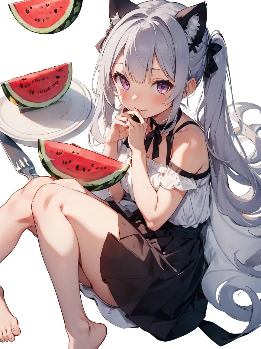 a bit:1.5.(White Background:1.3)::5],(Imide Shot:0.95),(whole body:1.25),
(Official Art:1.2),
//,
(fall:1.1),
(Fetal position:1.2),
From one finger to mouth,
Blushing your nose,shy,Open your mouth,happy birthday,誕生日cake,Mini Crown,(White thighs:1.3),
Raleigh,,Bandaged leg,barefoot,whole body,Light purple eyes,Cat ear,(watermelon, cake:1.2),
Gray Hair,Long Hair,Blunt bangs,White Dress,Deep neckline,Cross Halter Dress,Waistband,