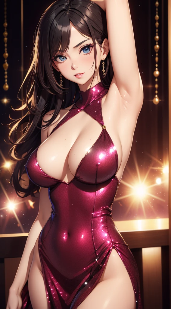 Beautiful sexy girl in a sexy sequin dress, shiny, stylish, armpits