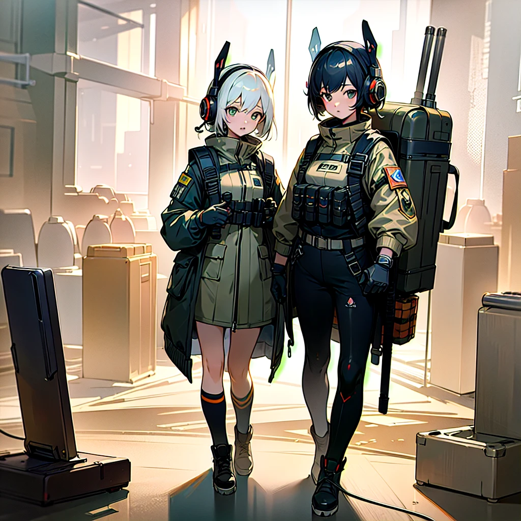 ((High Quality)), ((Masterpiece)), 8k, 2girls, bulletproof vest, ray, extremely detailed CG unity 8k wallpaper, game cg, looking at viewer, gloves, boots, full body, watch, computer, mask, no man-machine, robotic arm