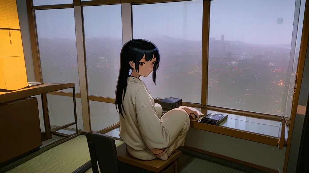A beautiful Japanese woman in her twenties sitting by the window at her computer. Outside the window is the city at night. The room is occupied by a modern one-person office worker. Her clothes are modern loungewear. Horizontal screen size.