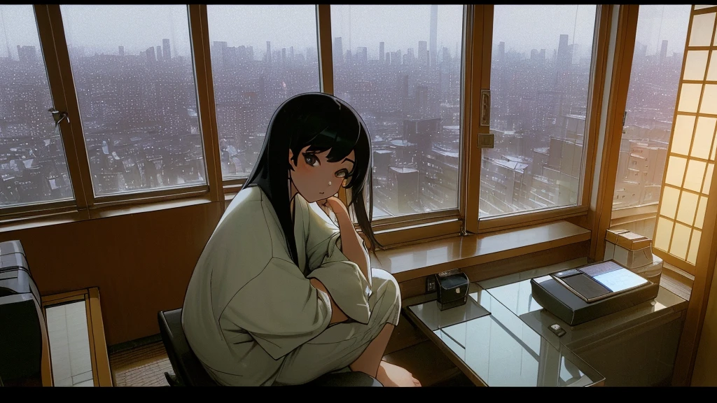 A beautiful Japanese woman in her twenties sitting by the window at her computer. Outside the window is the city at night. The room is occupied by a modern one-person office worker. Her clothes are modern loungewear. Horizontal screen size.