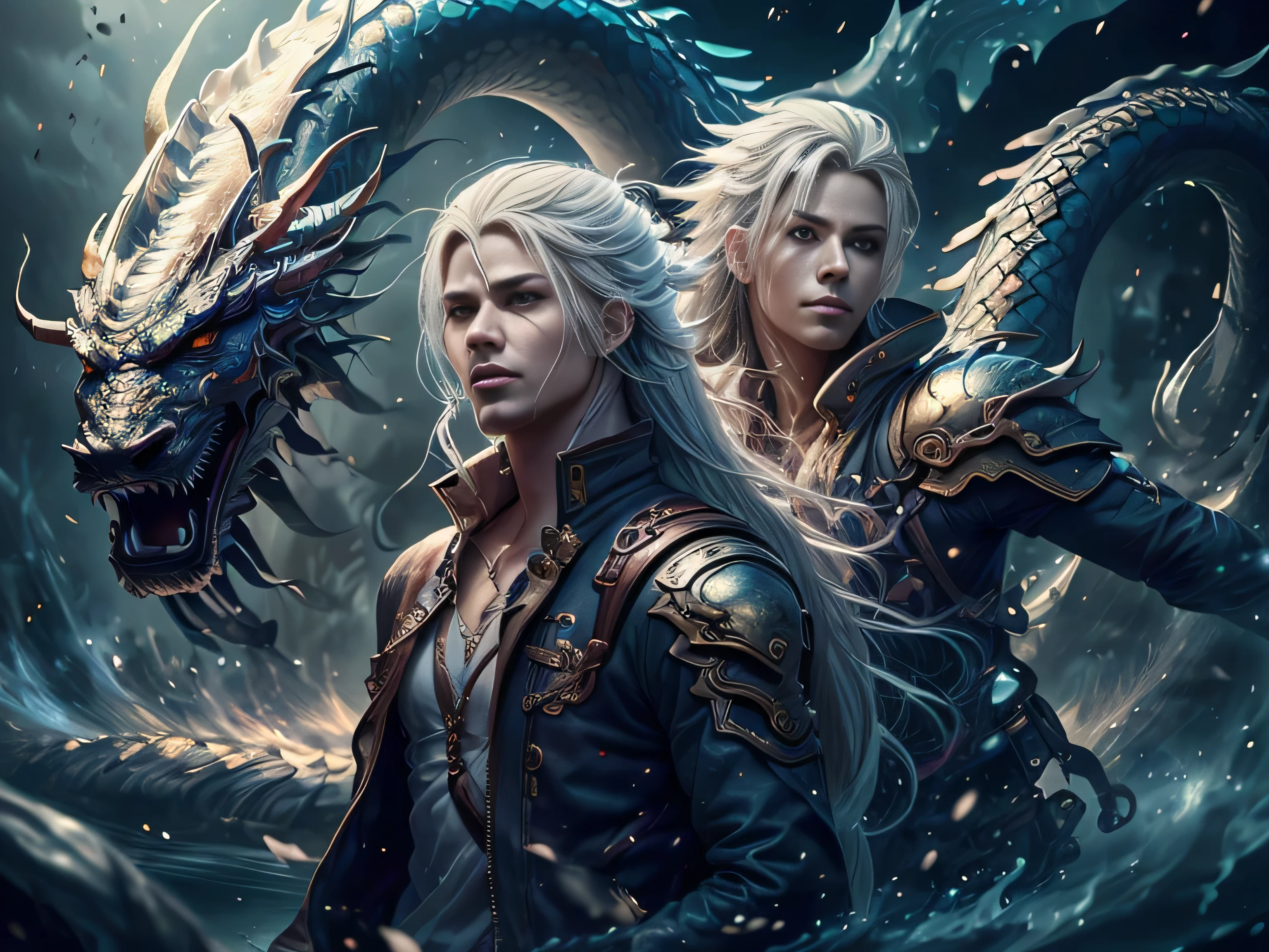(Best Quality, 8K, Masterpiece, HDR, Soft Lighting, Picture Perfect, Realistic, Vivid), Male Humanoid Dragon (1.0), 1 Guy, Perfect Face, Super Detailed Photo of a Gorgeous Humanoid Dragon Man with Long White Hair, Side by Side lies a white dragon, Beautiful anime fantasy, background blur, anime fantasy, work in the style of Gouves, realism: 1.37, long white hair, plump lips, (Ultra high quality fantasy art), Masterpiece, male model, male character ultra high quality designs, detailed 8k anime art, realistic anime art, highest quality wallpapers, intricate ultra high quality accurate male characters faces, high quality designs and accurate physics (fantasy - ultra high quality art), dark fantasy style), masterpieces, super high quality quality characters, anime resolution - 8K, realistic anime art, wallpapers with the highest quality illustrations, ultra-high detail faces, high-quality design and accurate physics), color, depth of field, shadows, ray tracing, high-quality execution. -high quality and 8K resolution, (Accurate simulation of the interaction of light and materials)], [High-quality hair detail [Read more about beautiful and shiny white hair]], (Beautifully detailed hands [perfect fingers [Perfect nails]]], (perfect anatomy ( perfect proportions)))) [[Full-length]], [Perfect combination of colors (Accurate imitation of the interaction of light and material)], [art that conveys the meaning of the story](modified)