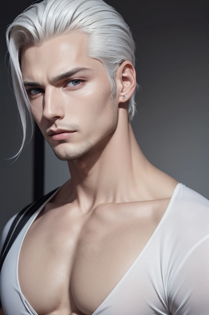 high qualiy, detail, handsome man, 25 years old, skin fair, athletic body, Platinum hair, hair slicked back, attractive face, male model, grey-eyed, face detailed, fleshy lips, symmetrical face, angled jaw line , man wearing black blouse