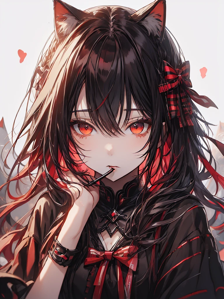 Cat ears with black and red ribbon、red Hair、black and red 、I rest my head on my elbows and think about what to do.、✔、((lollipop in mouth held with one hand)) , Convinced look, a cat helded with the other hand on her chest